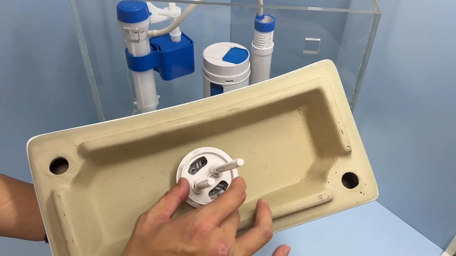 Hands fitting a white flush part into a cream toilet tank lid held over a clear demonstration tank