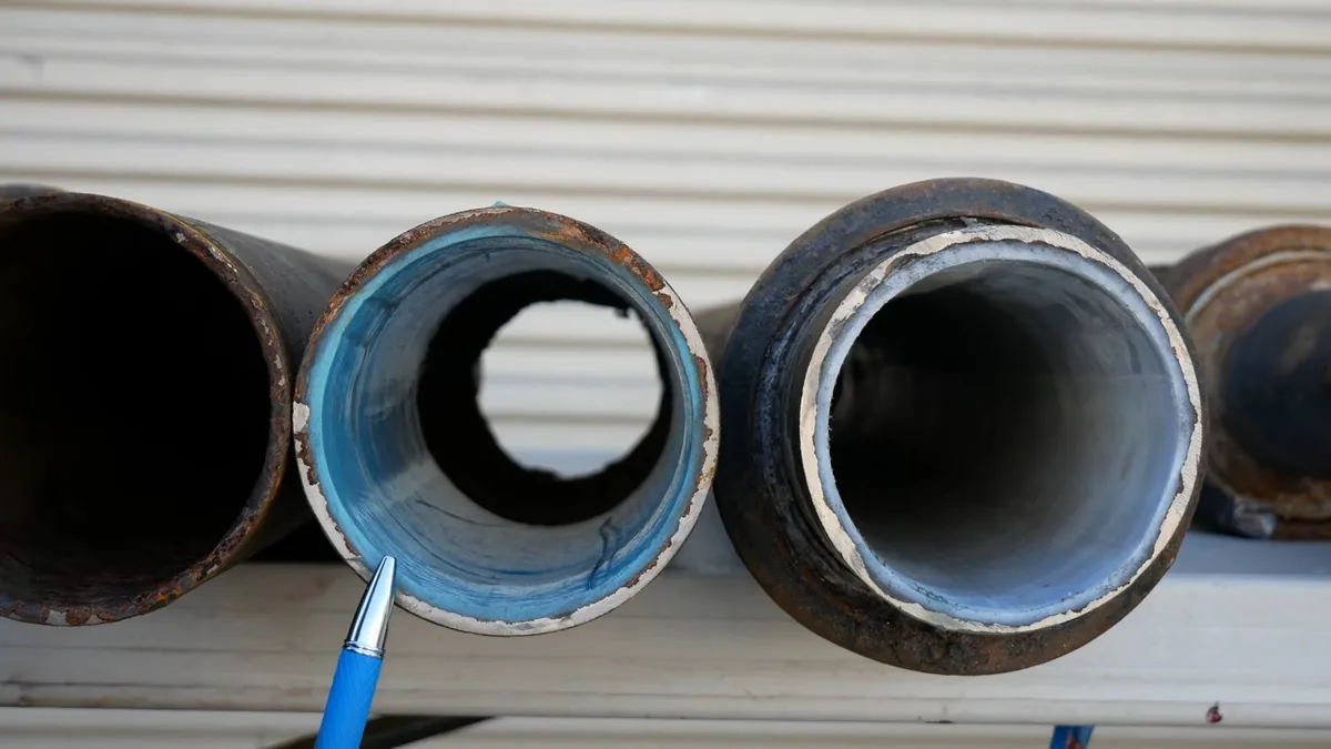 Three cut pipe samples side by side, one lined with blue resin and showing a smooth round bore