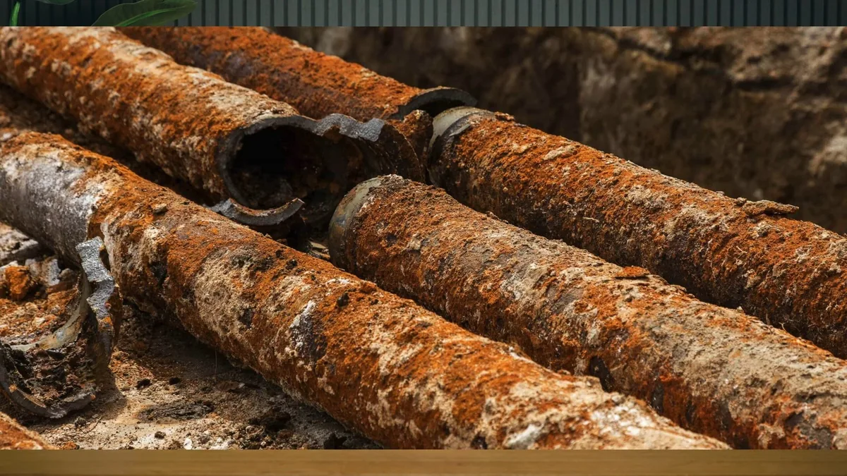 Several heavily rusted pipe sections lying side by side in a dug trench
