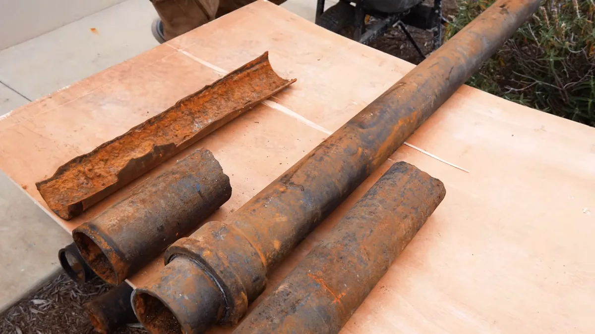 Four rusted pipe sections laid on plywood, one split open to show scale inside