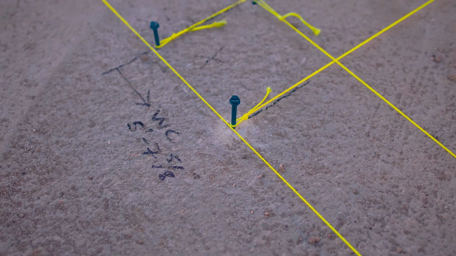 Concrete slab marked with chalk notes and yellow string lines laid out along a plumbing route