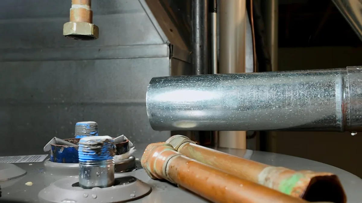 Copper supply pipes and a metal flue running above the top of a water heater