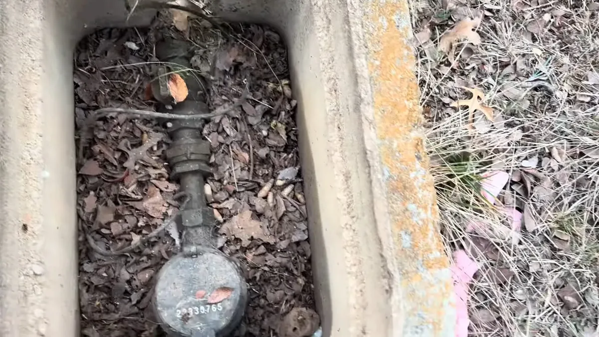 Open concrete box in the ground holding a water meter and valve, with dry leaves over it